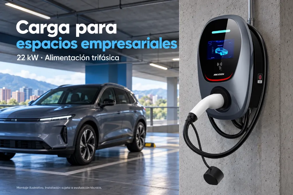Montaje ilustrativo de carga eléctrica en un parqueadero empresarial