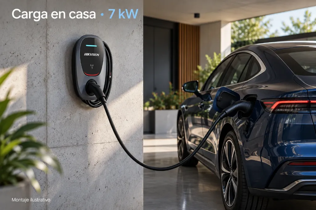 Montaje ilustrativo de carga de vehículo eléctrico en casa