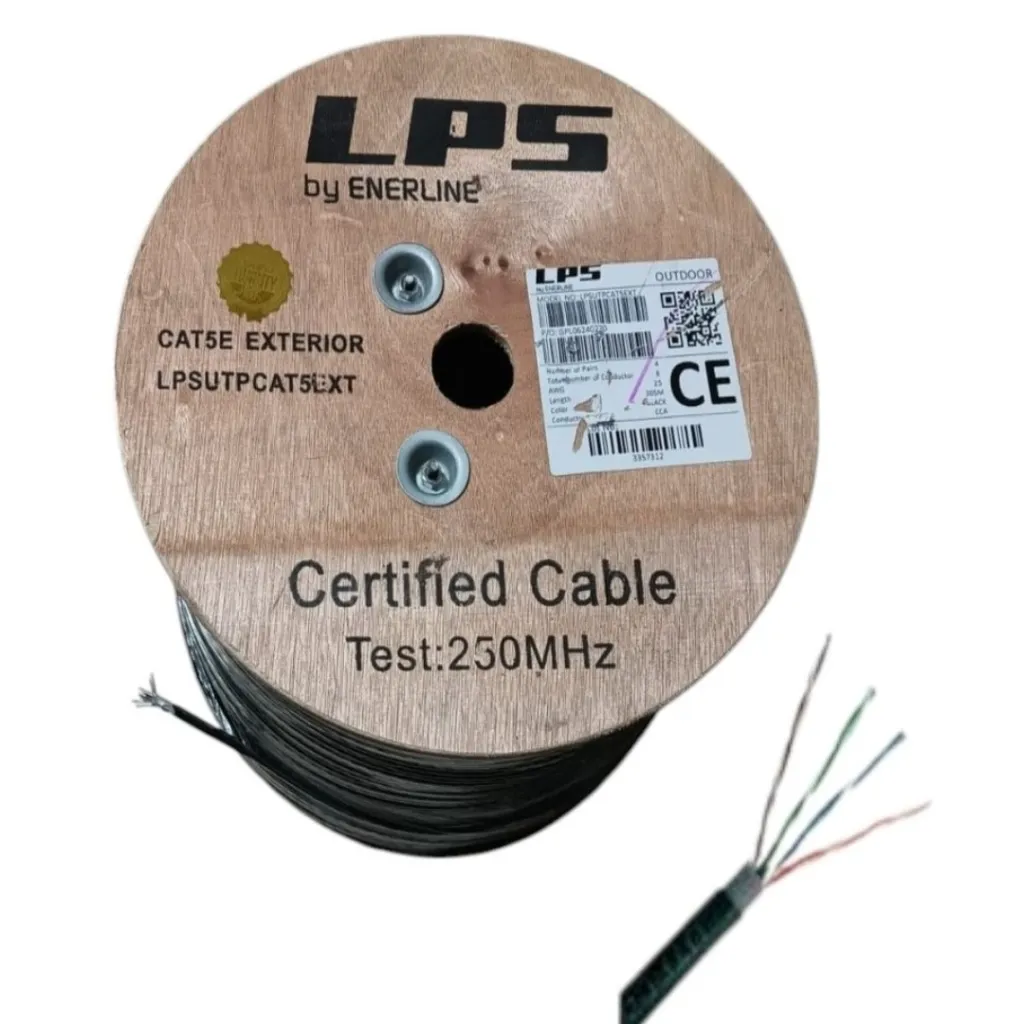 [LPSUTPCAT5EXT] CABLE UTP CATEGORIA 5E EXTERIOR ROLLO 305 METROS ALEACION 70/30 25AWG 4P*2 CCA 75 GRADOS DOBLE CHAQUETA NEGRA CARRETE MADERE