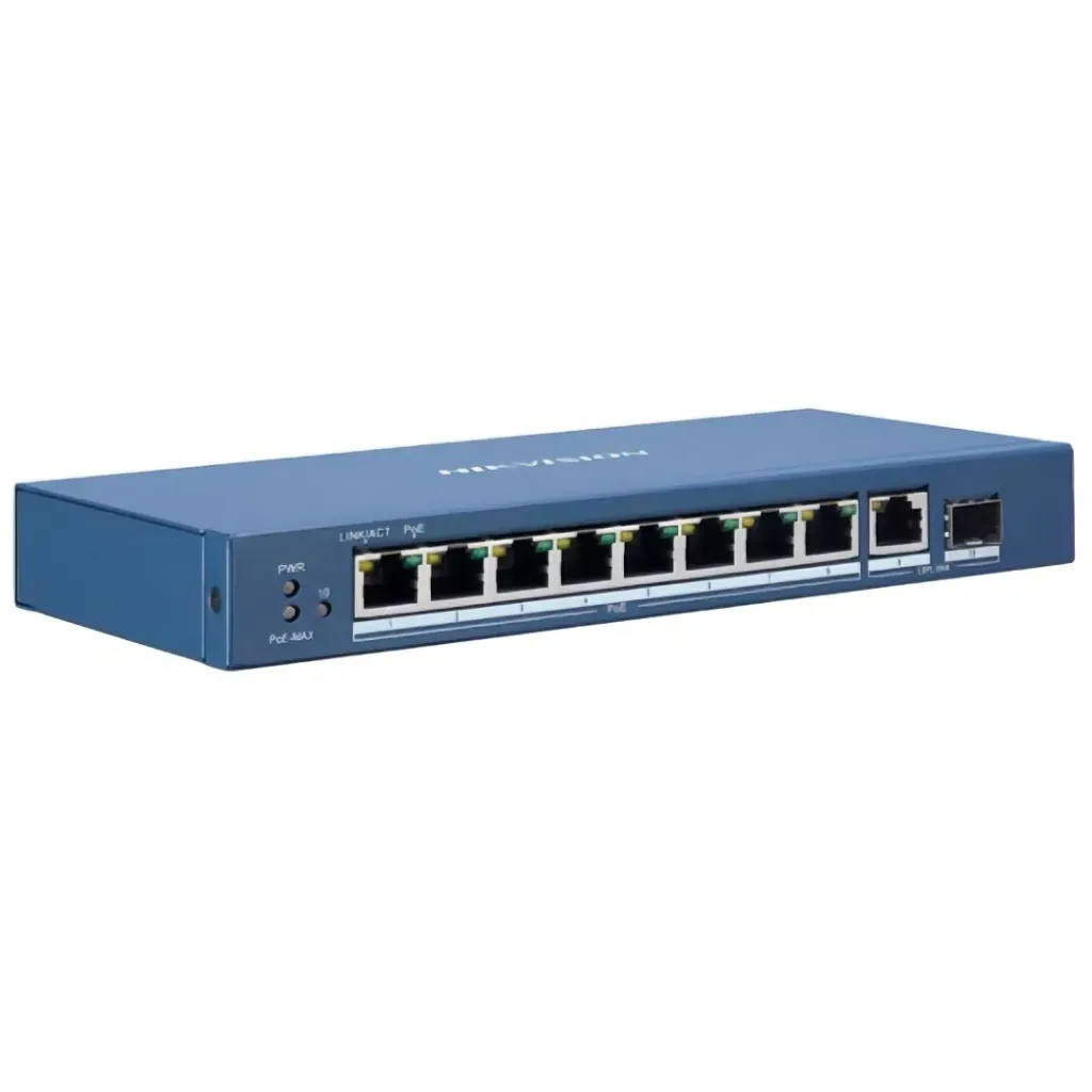 HIKVISION Switch Gigabit PoE+ / No Administrable / 8 Puertos 10/100/1000 Mbps PoE+ / 1 Puerto 10/100/1000 Mbps de Uplink + 1 Puerto SFP / 110 W