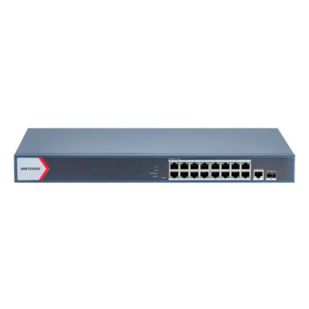 HIKVISION SWITCH  16 X PUERTO POE 10/100/1000 MBPS POE+ / 1 PUERTO RJ45  1 GIGABIT 10/100/1000 1 PUERTO FIBRA OPTICA MBPS 130 W