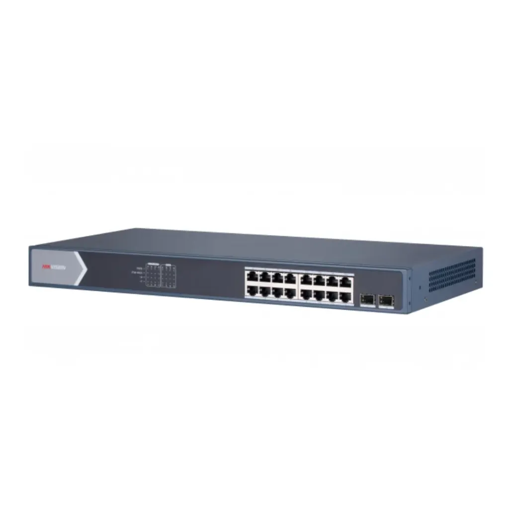 Hikvision Switch DS-3E1518P-SI, Gigabit PoE+ / Administrable / 16 puertos 10/100/1000 Mbps PoE+ / 2 puertos SFP / configuración remota desde Hik-Pro Connect / PoE hasta 250 metros / 225 W