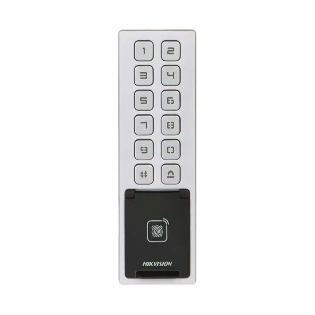 Hikvision Biométrico DS-K1T805MBFWX, Teclado, (IP65)(IK08) / Administrable en la Nube / Acceso PIN, Tarjeta MIFARE, Huella y Tarjeta Virtual Bluetooth.