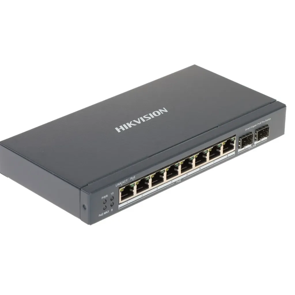 Hikvision Switch DS-3E1510P-SI, L2, Administración inteligente, 8 Puertos Gigabit PoE, 2 Puertos Gigabit SFP, 802.3af/at, PoE power budget 110W, max. 300 metros de transmisión PoE, PoE watchdog, VLAN, QoS, SNMP, Puertos Mirroring, Storm Control, visualizador de topología.
