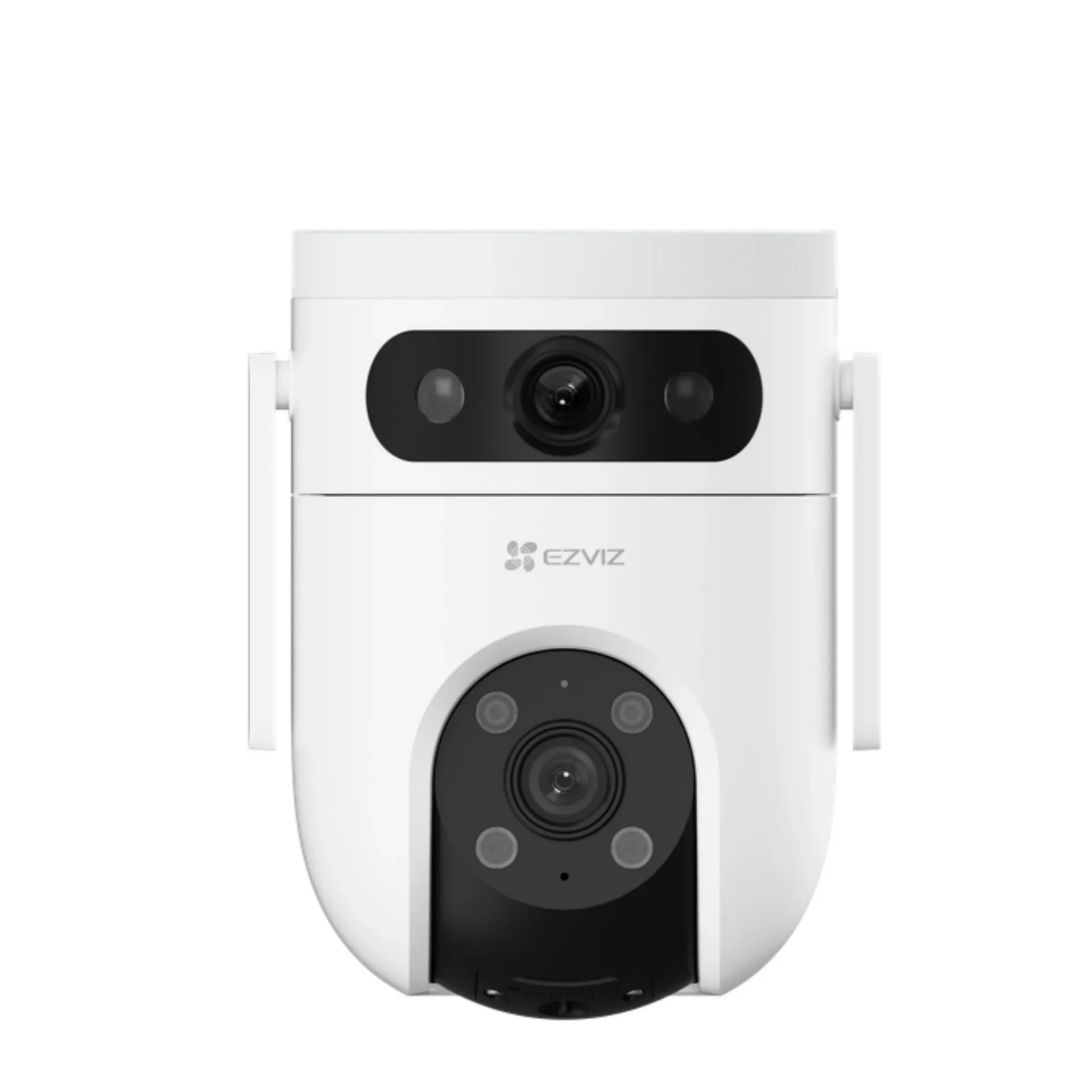 Camara de seguridad Dual EZVIZ H9c (5MP+5MP). Doble lente de alta resolucion con un total de 10 Megapixel para maxima nitidez. Lente fija superior de 5MP y lente inferior motorizada de 5MP con giro de 360 grados. Deteccion de personas y vehiculos por IA con seguimiento automatico de movimiento. Vision nocturna en color de alta sensibilidad. Defensa activa con sirena y luz estroboscopica.